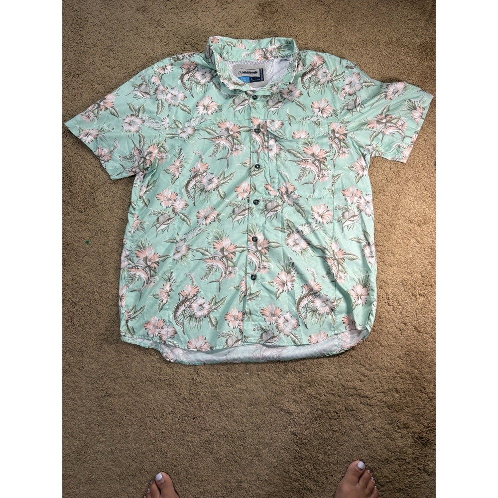 Magellan Caddo Lake Fishing‎ Shirt Men Large Beach Glass Sailfish Hibiscus UPF30